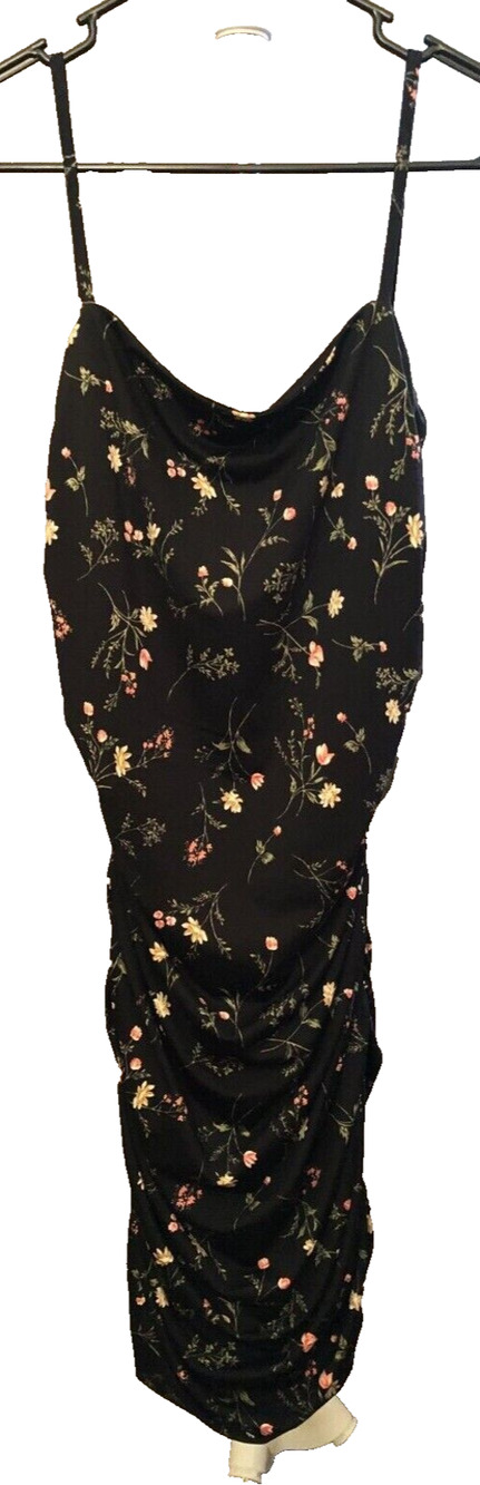 Palo Retail Black Floral Smocked Open Back Bodycon Spaghetti Strap Dress M